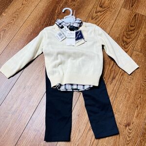 Classic Cream Sweater Set with Plaid Shirt and Black Pants